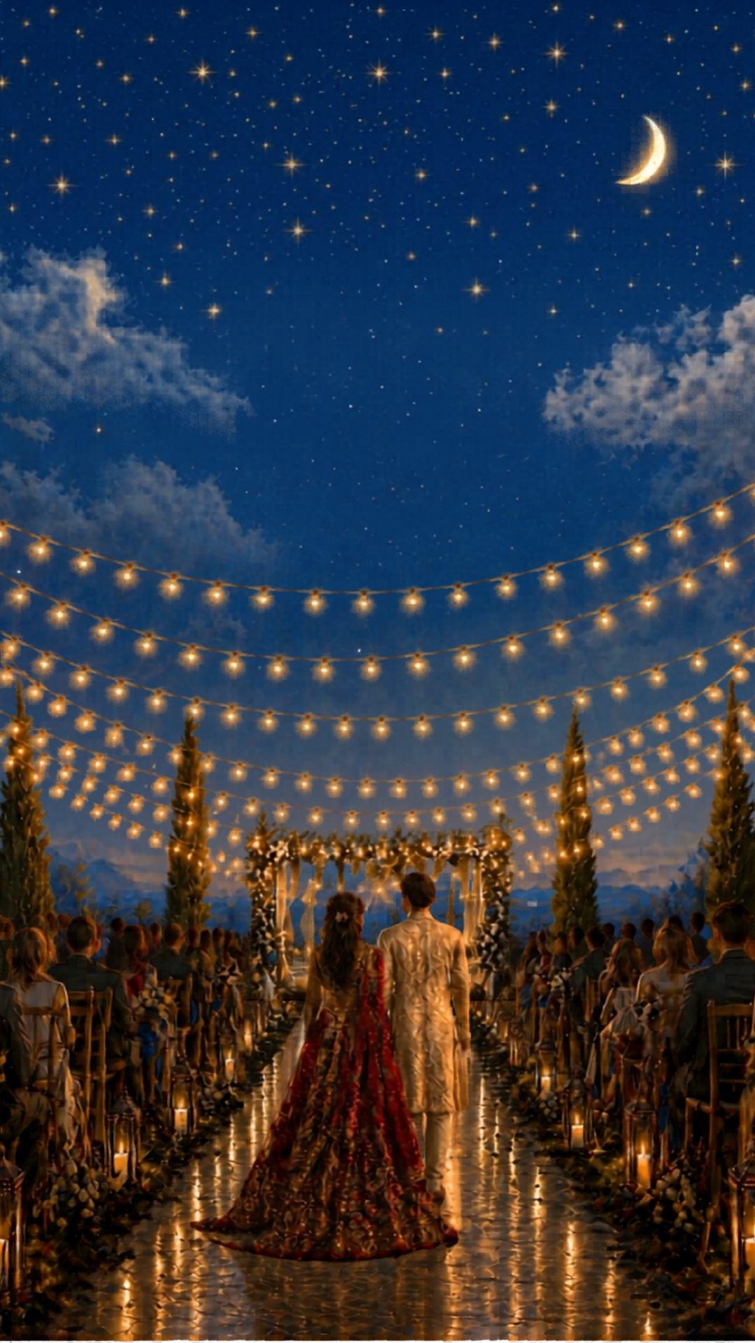 A royal wedding garden beneath a starry sky and golden fairy lights